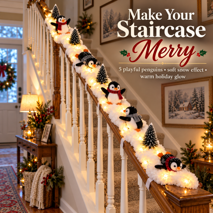 Light-up snowy penguin stair garland — product view 1