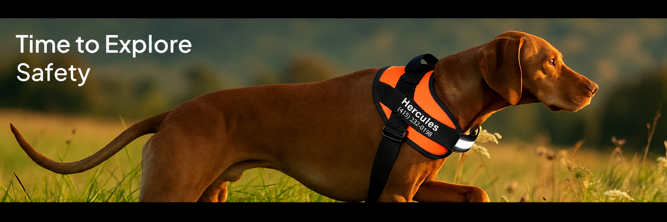 Dog wearing an orange personalized harness in a sunny meadow. Time to Explore Safety.