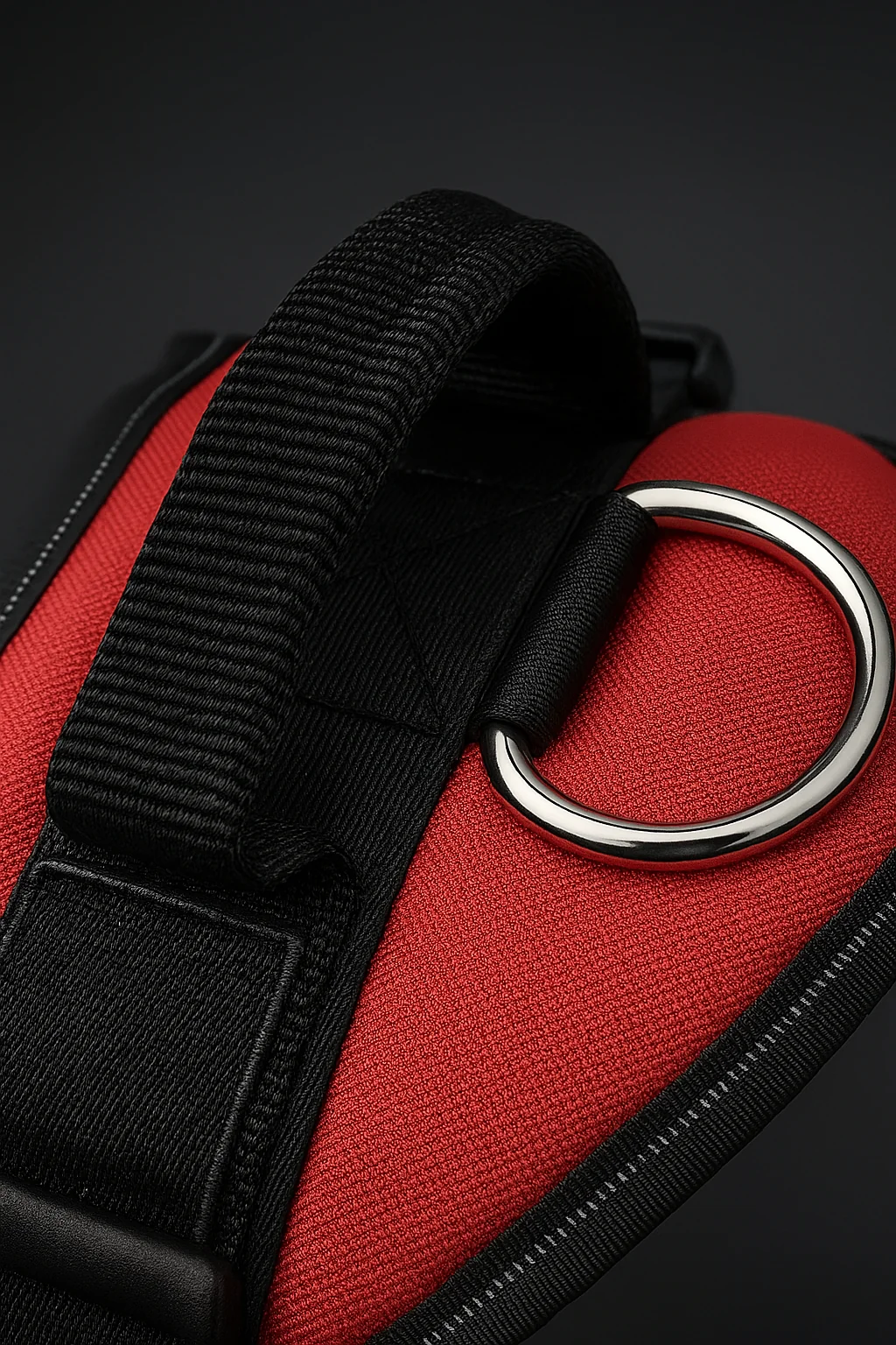 Close-up of the harness handle and metal leash ring
