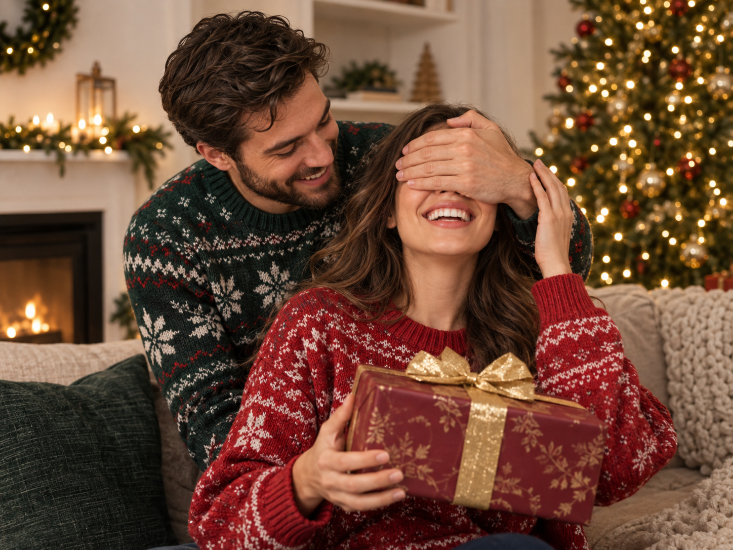 A couple sharing a Christmas gift tradition at home
